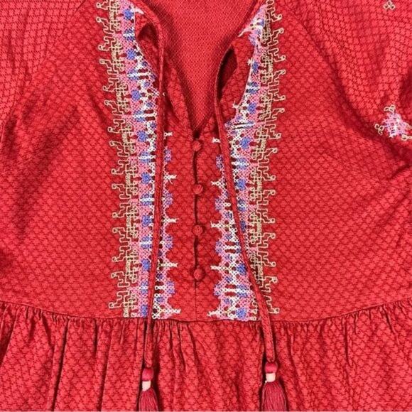 Knox Rose Dress Size Small Red Boho Embroidered Bodice Tassel Tie Neckline - Picture 3 of 12